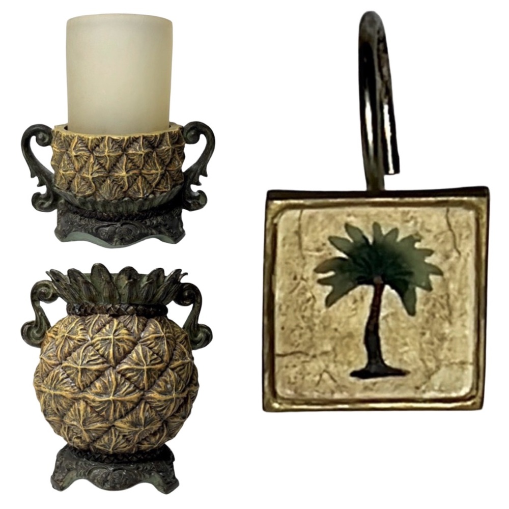 Vintage Pineapple Toothbrush Cup‎ Candle Holder & Palm Tree Shower Curtain Hooks